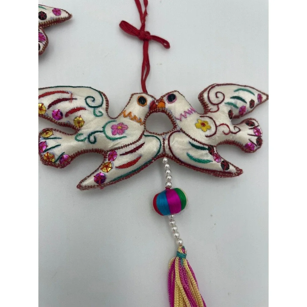 Dove Ornament Pair Embroidered Birds Tassels Hanging‎ Decoration Boho Chic